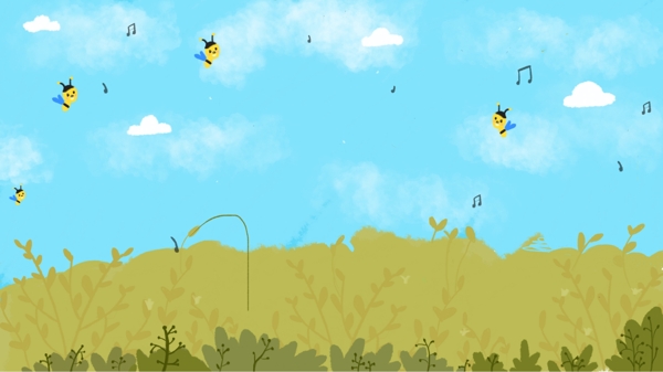 绿色草地蜜蜂音符蓝天白云卡通背景