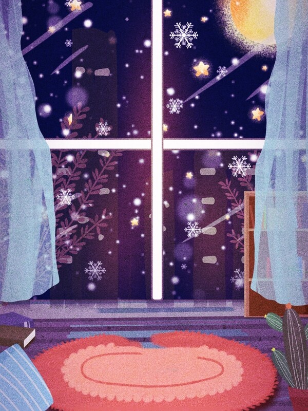 彩绘冬季窗外雪花背景设计