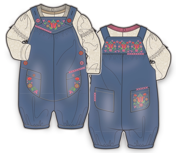 背带裤女宝宝服装设计彩色矢量原稿