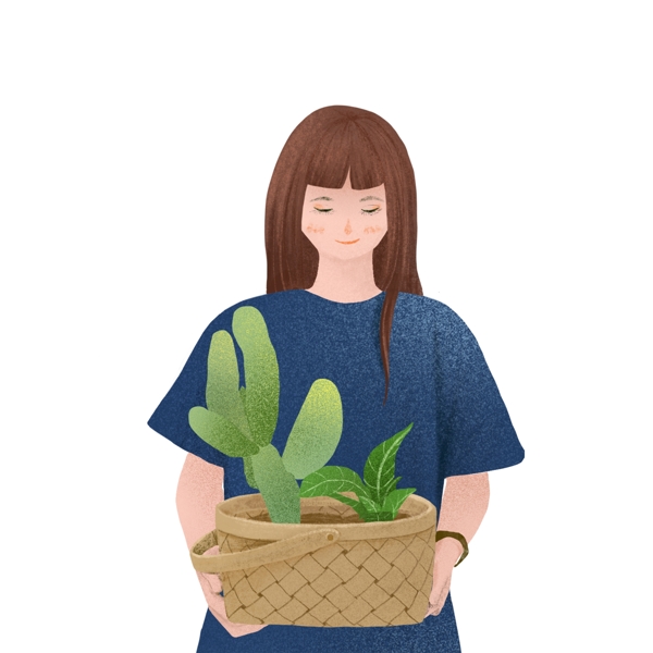 卡通小清新拿着植物的女孩子
