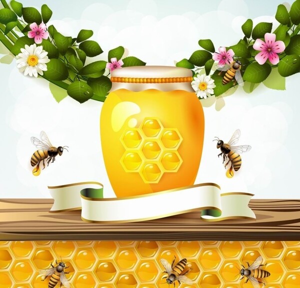 蜜蜂鲜花绿叶蜂巢背景图片