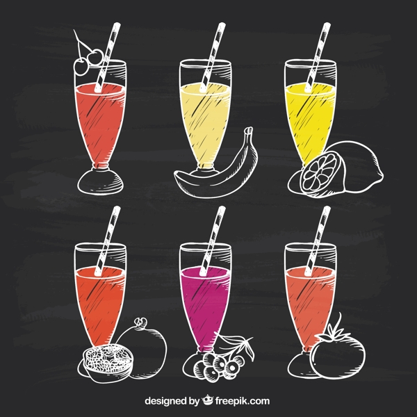 黑板上有六种美味的果汁
