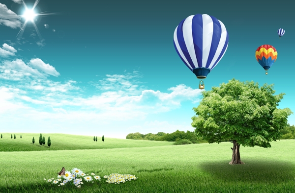 绿荫热气球树木山坡