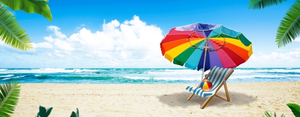海边椰子树沙滩椅遮阳伞banner背景