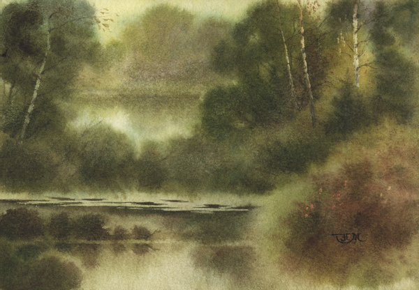 森林湖景水墨图图片