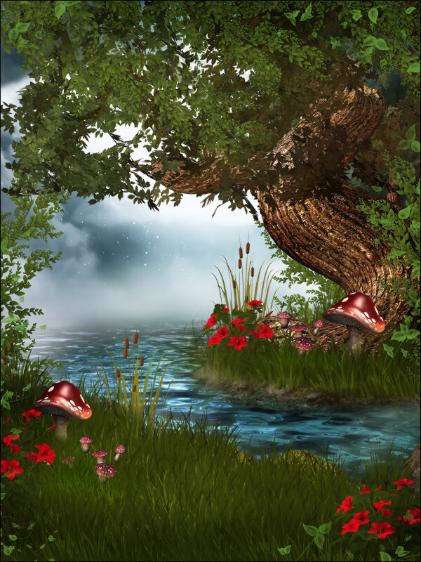 浪漫梦幻背景红花大树蘑菇图片