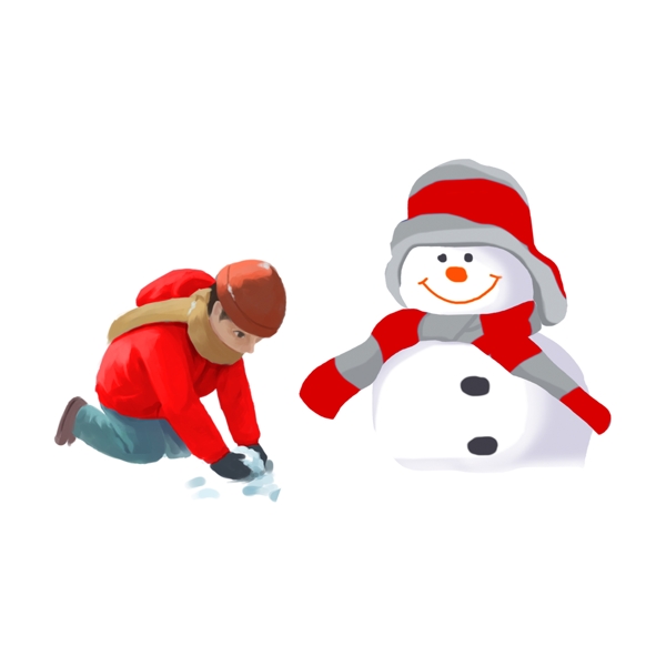 玩雪的小男孩和雪人设计可商用元素