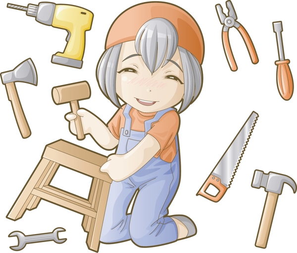 可爱木工女孩和工具矢量素材.