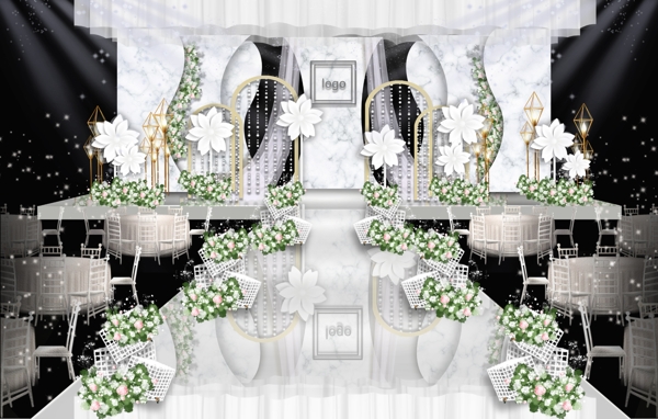 白绿色系大理石纹小清新婚礼舞台效果图