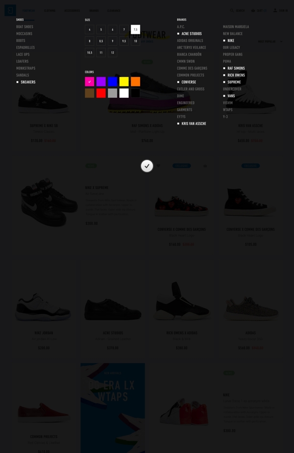 国外鞋服电商网站选择尺码页面