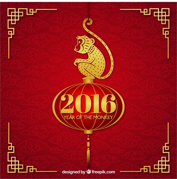 中国新年背景与一只金色的猴子