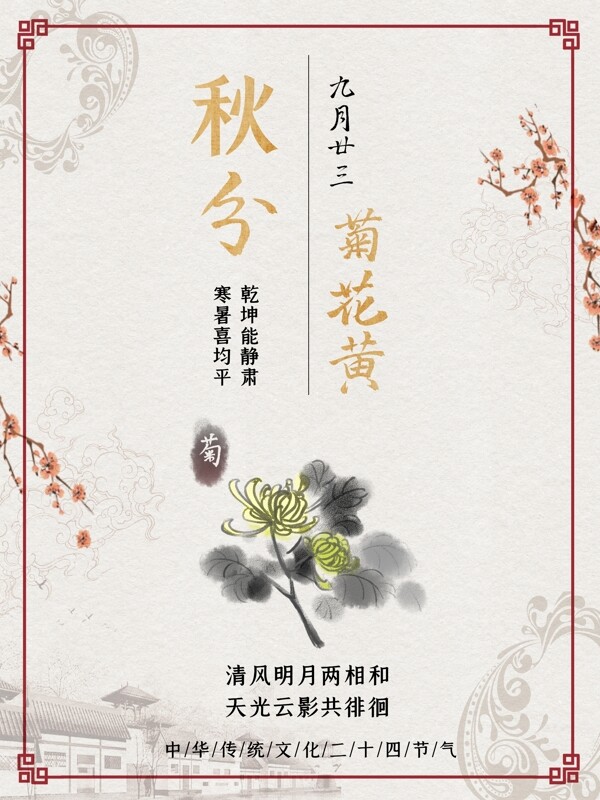 简约传统中国风秋分菊花海报