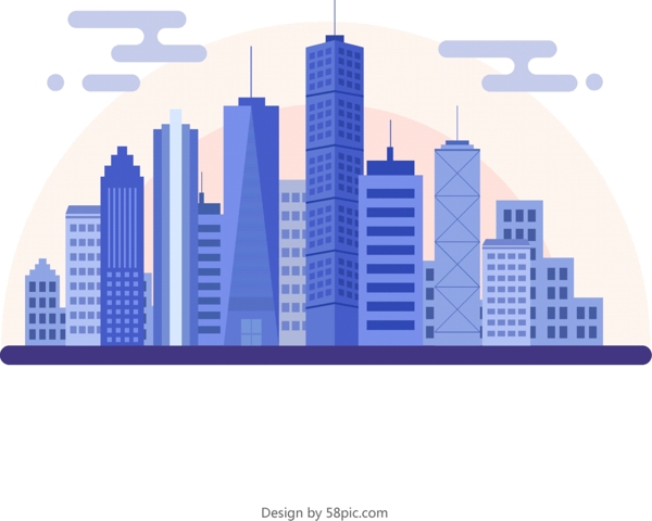 城市高楼云朵地平线蓝紫色元素