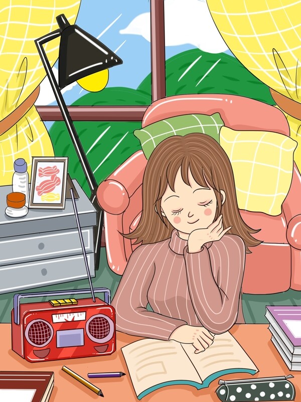 原创世界无线电日女孩听无线电卡通插画