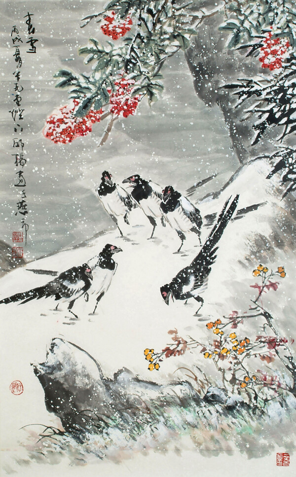 鸟与雪景国画图片