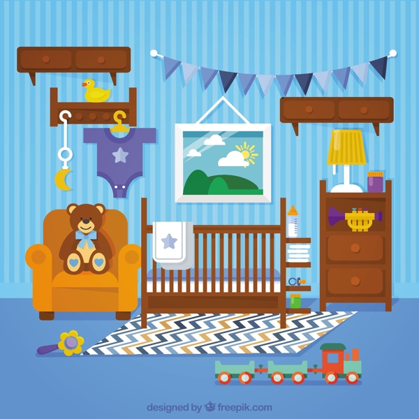 奇妙的婴儿房木制家具和蓝色的墙壁