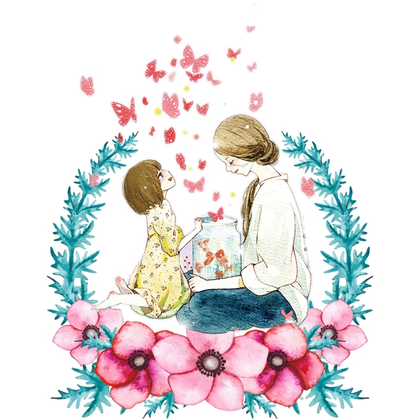 手绘卡通坐在花环中的母女元素
