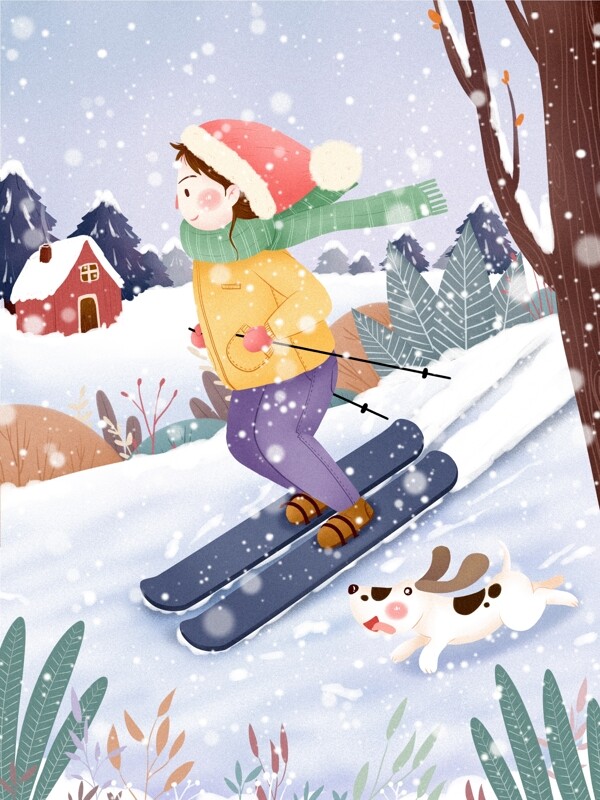 手绘冬天滑雪的女孩插画