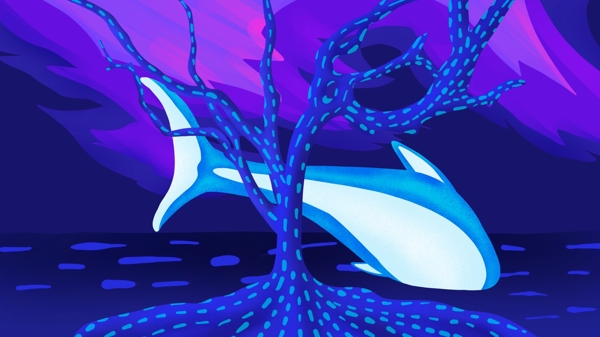 夜幕下海上跃出水面的鲸鱼手绘海报插画壁纸