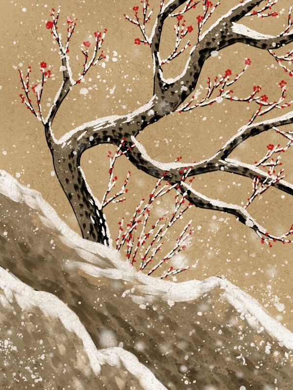 冬季梅花复古水墨插画大雪中的梅花