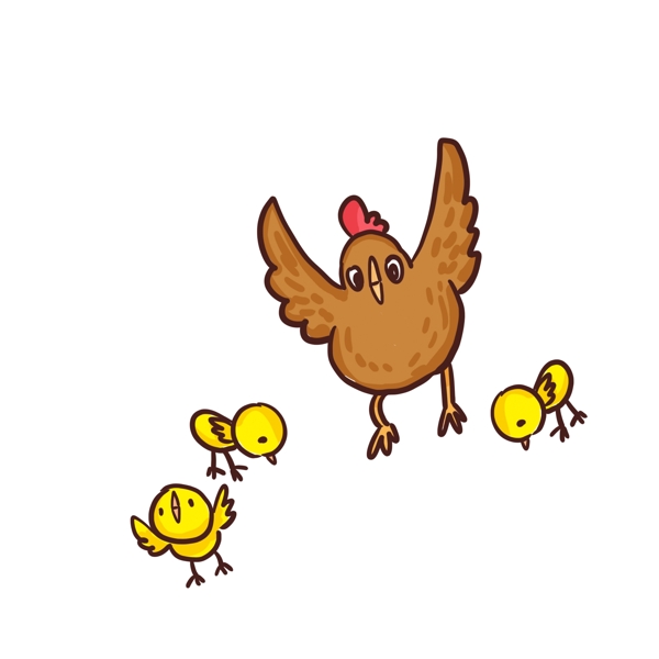 手绘母鸡和小鸡动物设计
