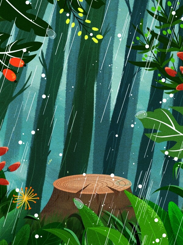 雨季手绘树林插画背景