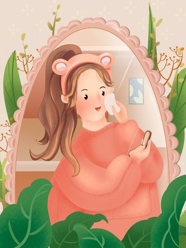 噪点肌理粉色浪漫镜子里擦粉的长发卫衣少女