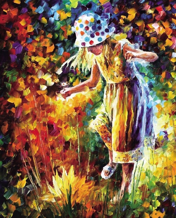 油画采花的女人彩色