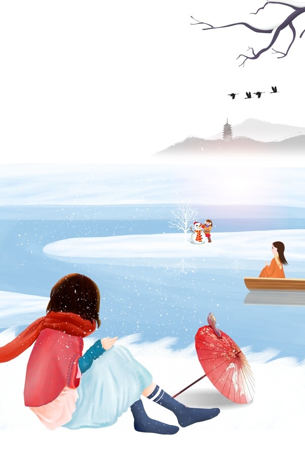 彩绘冬季雪地人物背景设计