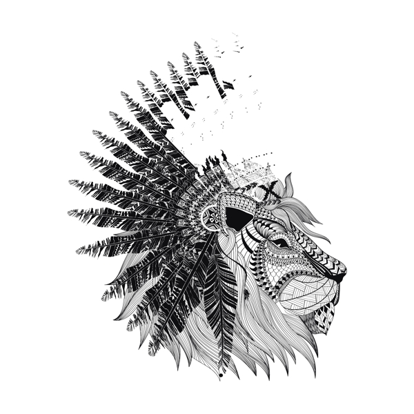 手绘黑白艺术狮子插画