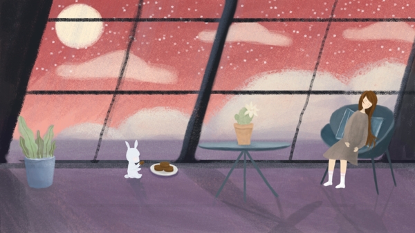 简约清新中秋节女孩与兔子吃月饼场景插画