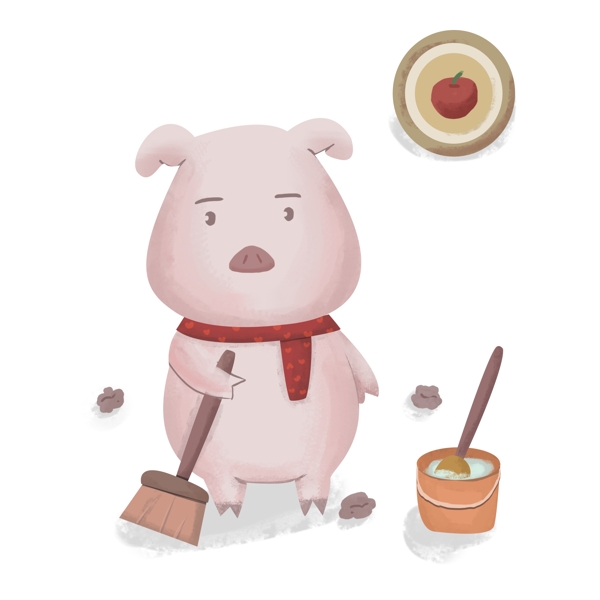 小年新年喜庆大扫除猪形象场景