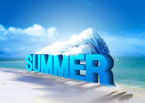 蓝色夏日海滩巨浪海报背景素材
