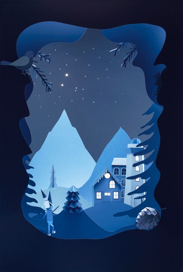 蓝色星空下的房子海报背景素材