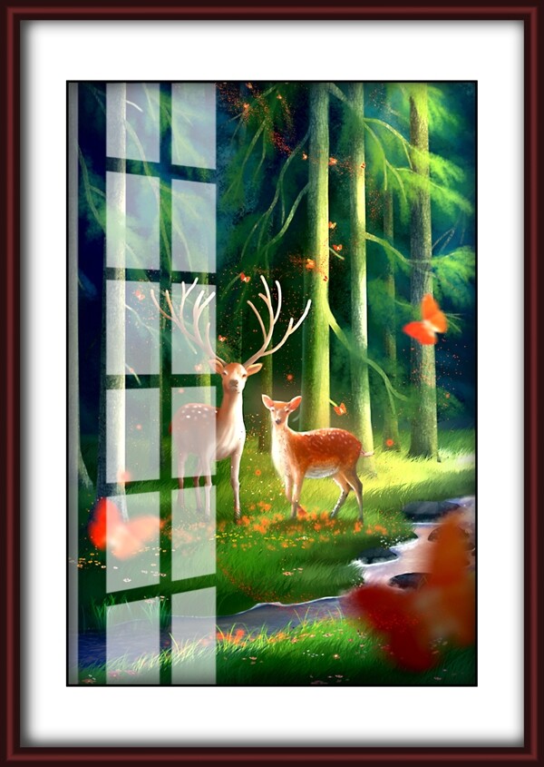 风景小鹿相框装饰画