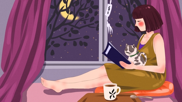一个人的生活读书养猫喝茶原创插画
