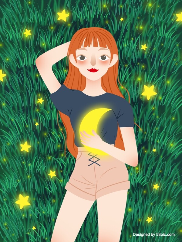 夏季仲夏夜晚安躺在草坪上的女孩原创插画