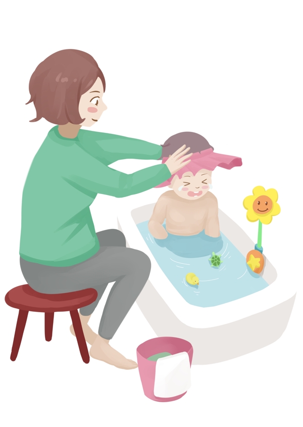 手绘给婴儿洗澡的母亲插画