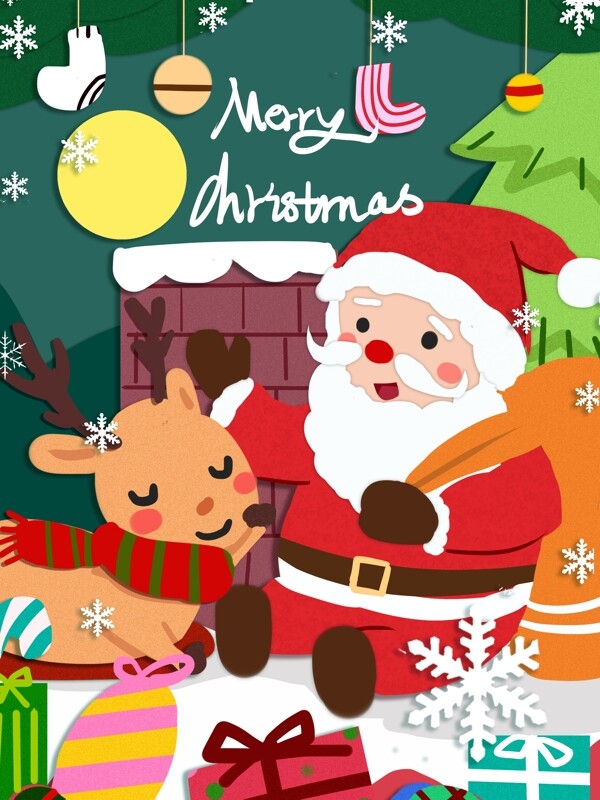 圣诞节圣诞老人与鹿可爱温暖温馨剪纸插画