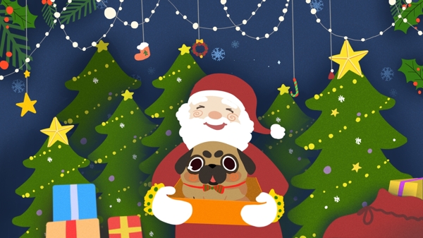 森林圣诞老人送礼物可爱小狗温馨插画