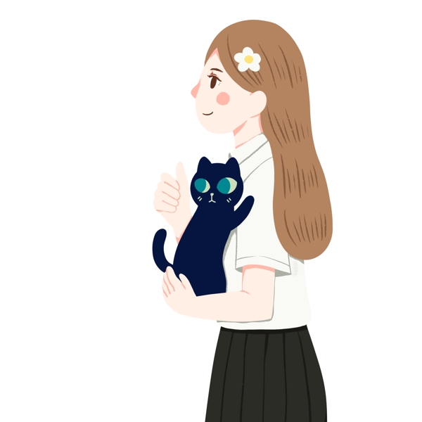 温馨手绘抱着一只猫咪的女孩