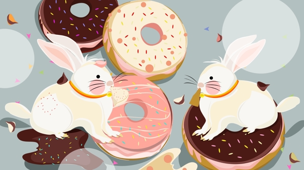萌宠甜甜圈与兔子情缘手绘插画
