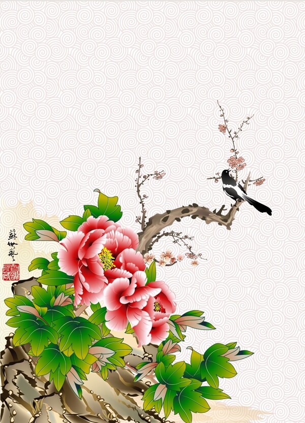牡丹红梅水墨图图片