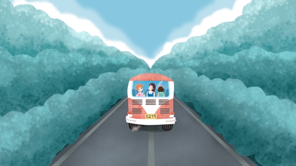 原创插画公路上大巴车旅行女孩