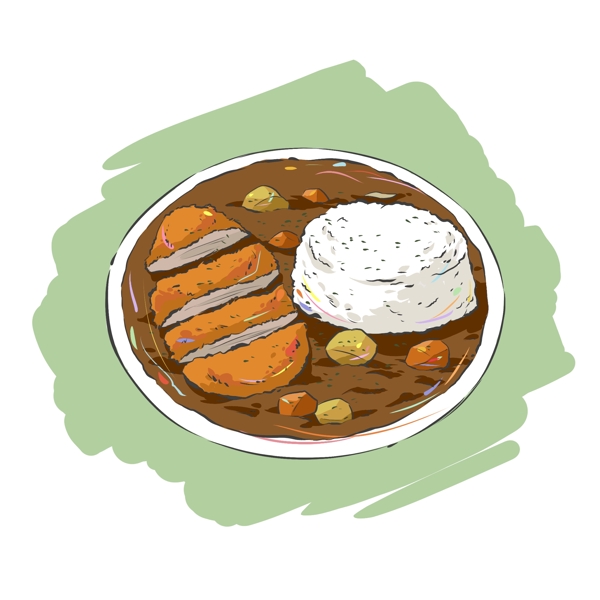 手绘原创动漫食品素材日式食物炸猪排咖喱饭