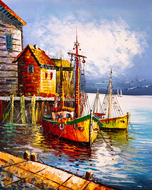 海港渔船装饰油画