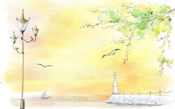 韩风手绘水彩插画日落灯塔