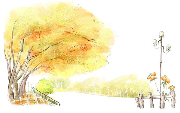 韩风手绘水彩插画秋天街景