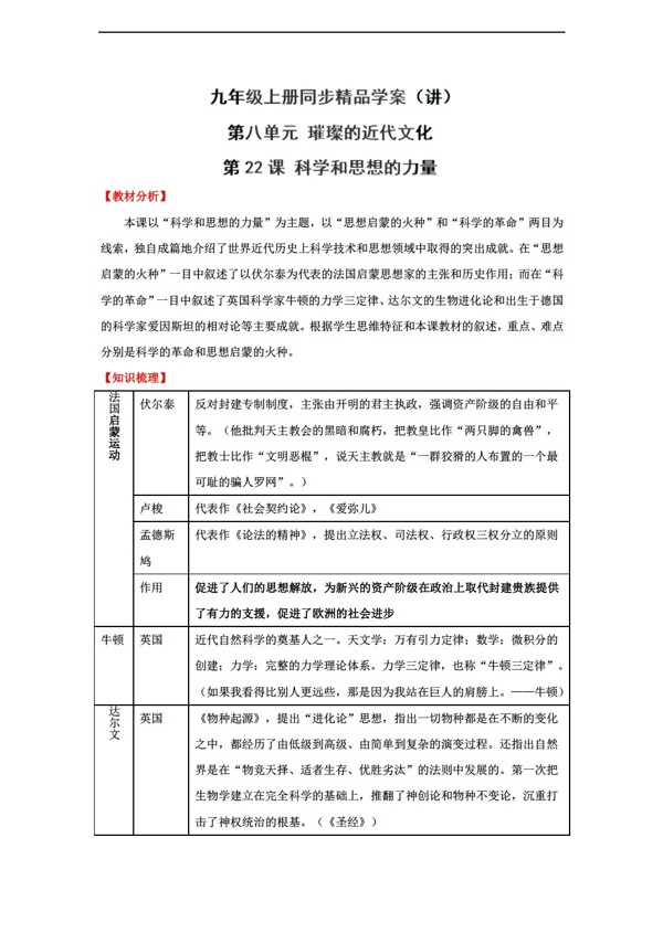 九年级上册历史20162017学年九年级上册讲专题22科学和思想的力量解析版