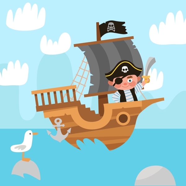 卡通童话海盗风景插画